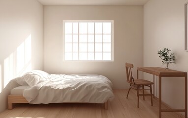 A clean, minimalist 3D rendering of a bedroom with a wooden desk, a white bed with no headboard, pale wood floors, and a single large window on a white wall