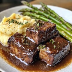 Short ribs braised in a delicious mix of red wine, beef broth, and fresh herbs, served alongside creamy garlic mashed potatoes and roasted asparagus.