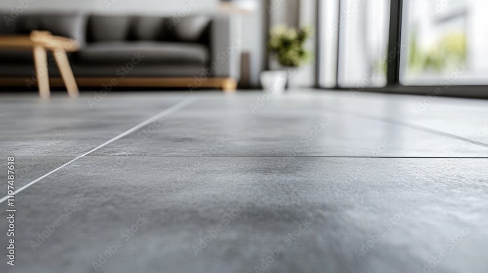 Poster modern gray tiled floor in a living room setting with a blurred background showcasing furniture and 