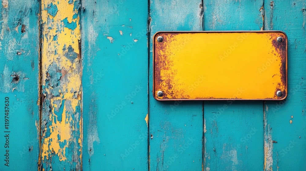 Poster vibrant turquoise wooden background with weathered paint and an empty yellow rectangular sign for te