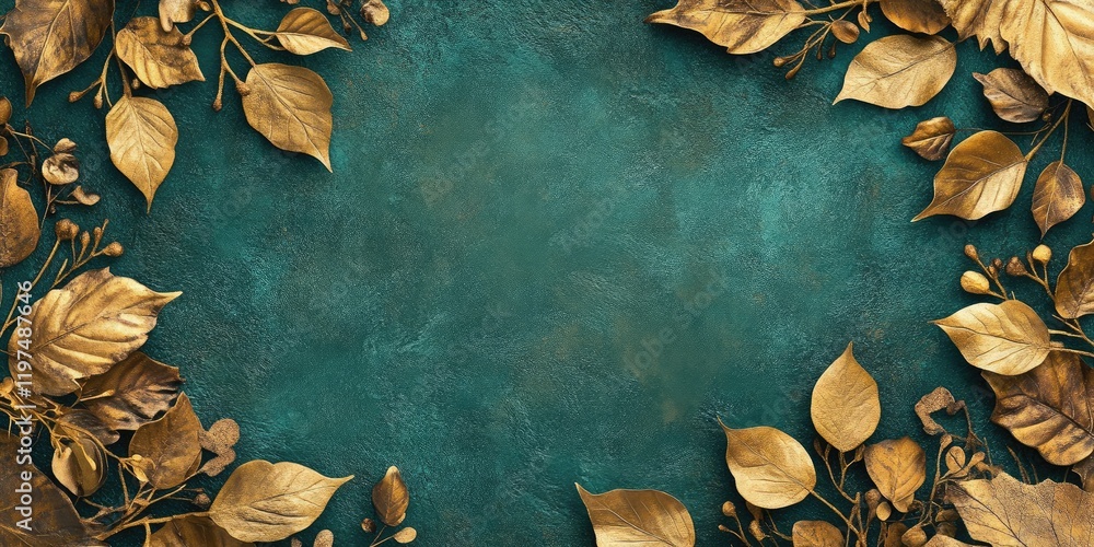 Poster golden leaves on textured teal background with ample copy space for text placement.