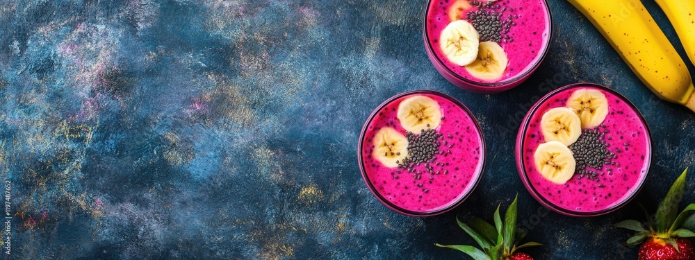 Poster colorful smoothie bowls with dragon fruit and banana slices on a textured background with copy space