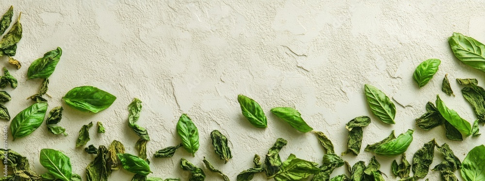 Aufkleber green and dried basil leaves arranged on textured stone background with ample copy space for text.