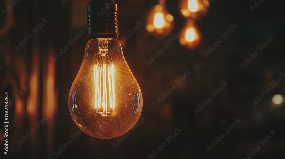 Poster vintage light bulb glowing in a dimly lit setting with warm tones and copy space for text placement.