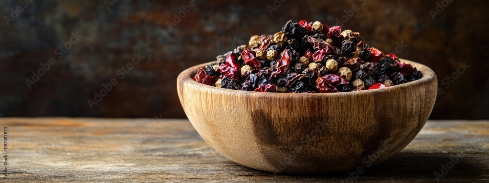 Poster mixed peppercorns in a wooden bowl on a rustic table with dark background and copy space for text pl