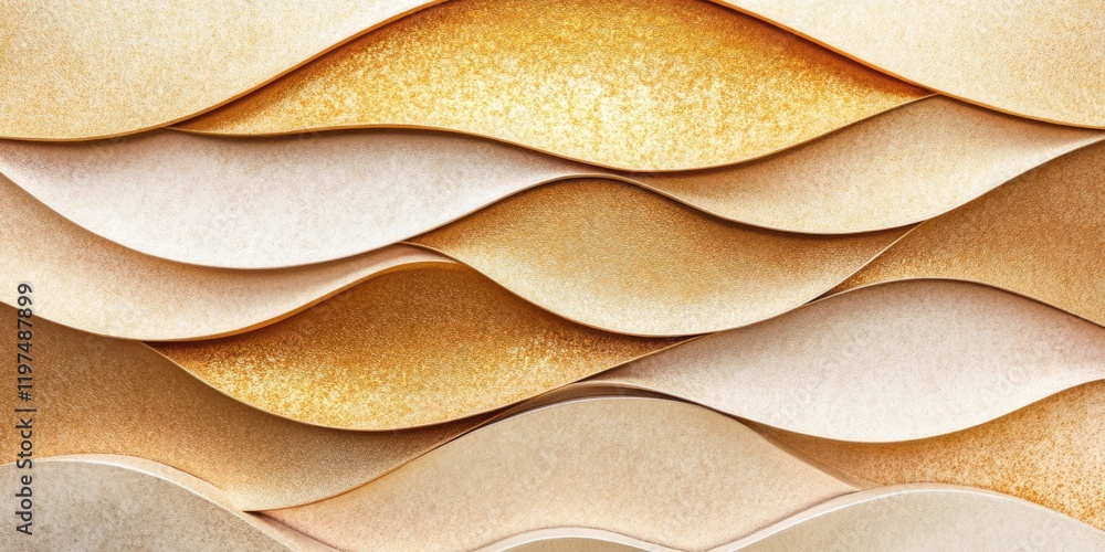 Poster abstract textured background with layered waves in warm tones of gold, cream, and beige, featuring c