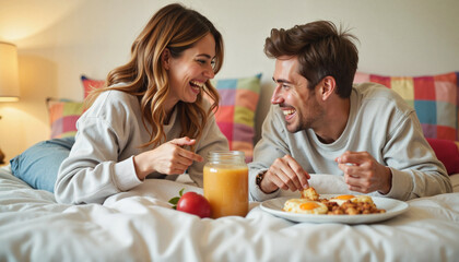 Playful couple laughing while enjoying breakfast in bed, cozy atmosphere