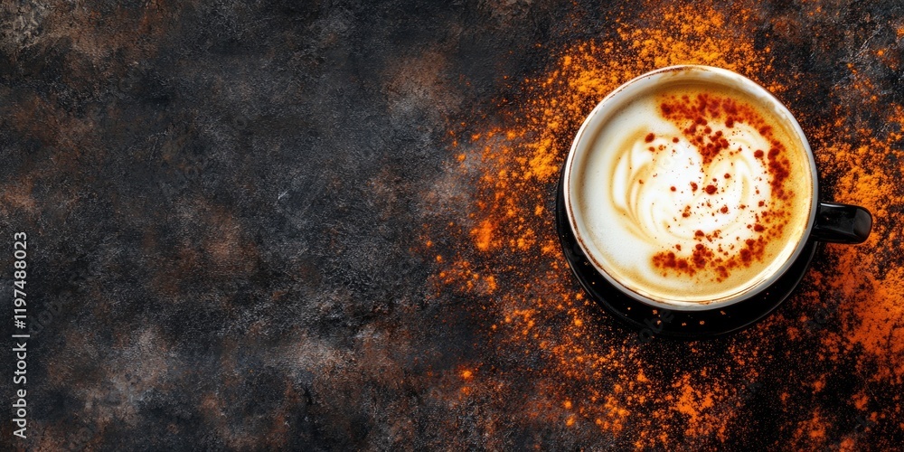 Poster coffee cup with decorative foam and spices on dark textured background with copy space for text plac