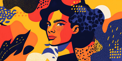 Stylized portrait of a woman in a modern pop art style, featuring bold colors, abstract shapes, and vibrant patterns with shades of yellow, red, blue, and orange.