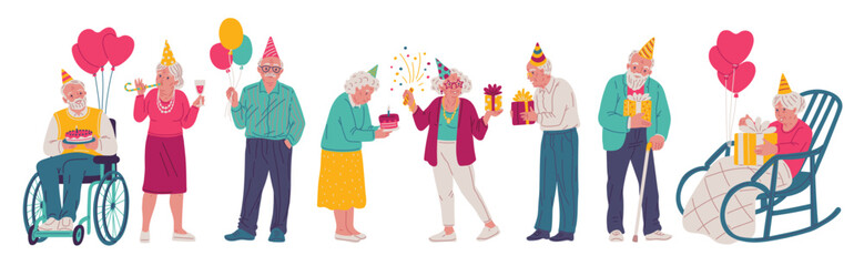 Happy old people in festive decorations with gift boxes, balloons or cake, vector cartoon grandparent celebrate birthday