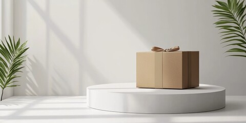 Minimalistic display of a wrapped gift box on a circular pedestal surrounded by green plants and soft natural light Copy Space