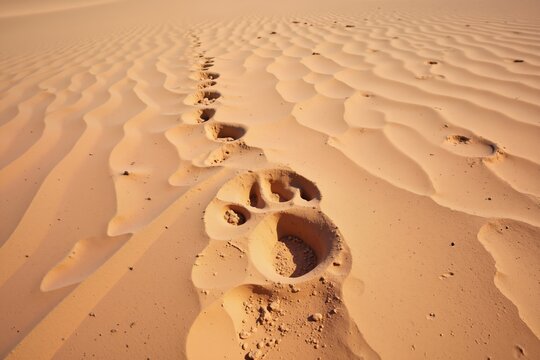 The desert landscape features distinct kangaroo footprints trailing across the sandy surface, showcasing the unique wildlife of this arid environment.