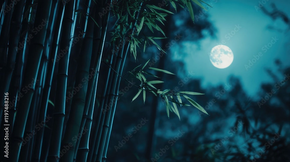 Poster moonlit bamboo forest with copy space for text usage