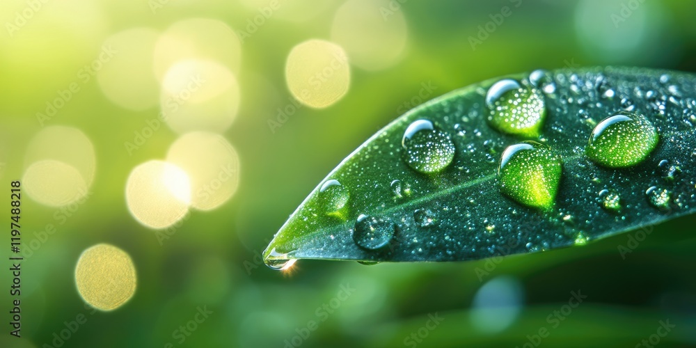 Poster close-up of water droplets on a green leaf with a soft blurred background and ample copy space for t