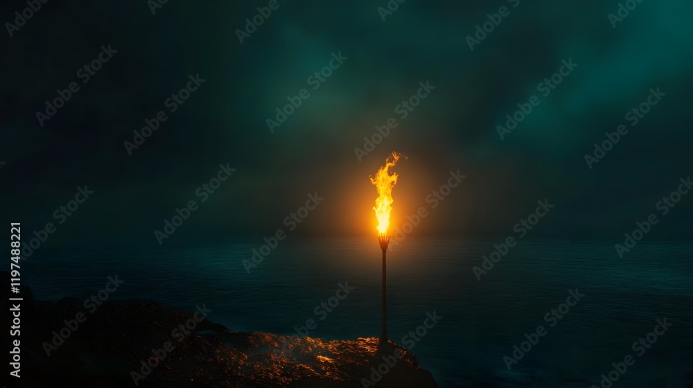 Poster a solitary torch illuminates the dark ocean with its vibrant flame, creating a mystical atmosphere a