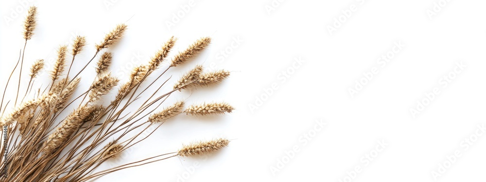 Poster dried wheat stalks arranged on white background with ample copy space for text insertion