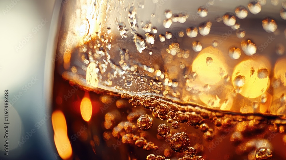 Poster close-up of a sparkling beverage with bubbles and reflections, creating a refreshing and vibrant atm