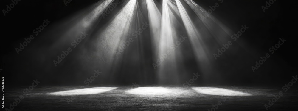Poster dramatic stage lighting with fog beams illuminating a dark background suitable for performance or pr