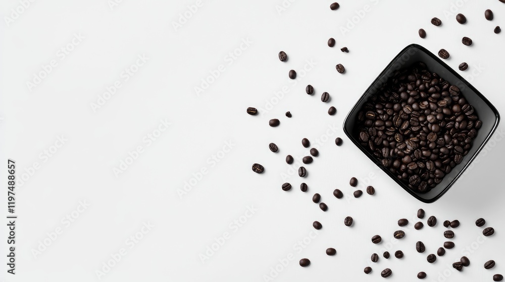 Poster fresh roasted coffee beans in a black bowl with scattered beans on a white surface creating a minima