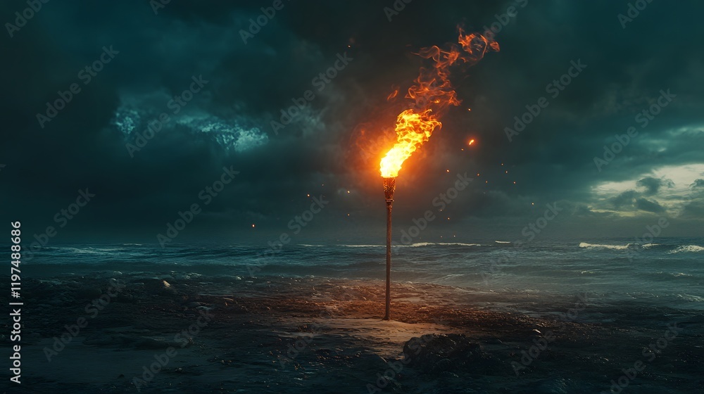 Poster a solitary flaming torch stands defiantly on a desolate beach, illuminating the dark, stormy sky and