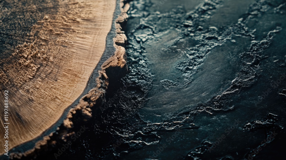 Poster natural wood and textured dark surface background with copy space for design or text placement