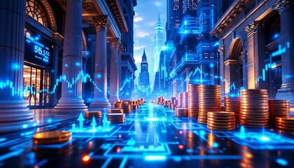 financial data charts, glowing stock, forex graphs, dark background, illuminated in blue tones, 3D rendering, wall street