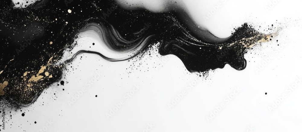 Poster abstract black and gold ink flowing on white background with copy space for design use