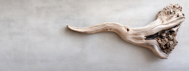 Driftwood piece on textured gray wall with ample copy space for text placement. Natural wood accents interior design.