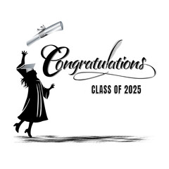 Congratulations typography with a girl or woman stylized graduate silhouette with a diploma thrown in the air.