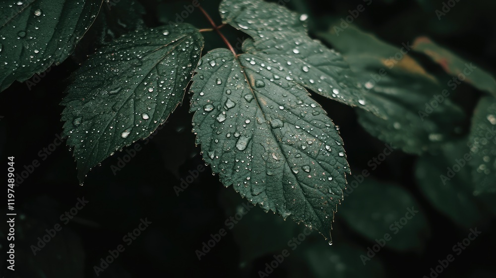 Poster close-up of green leaves with water droplets on a dark background featuring ample copy space for tex