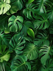 Fototapeta premium Abstract foliage botanical seamless background. Green wallpaper of monstera, palm, banana leaves, branches, tropical plants. Exotic plants in summer jungle for banner, prints, decor, wall art.