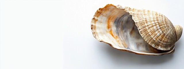 Fototapeta premium Seashell with open structure displaying inner and outer surfaces on a plain background with Copy Space for text placement
