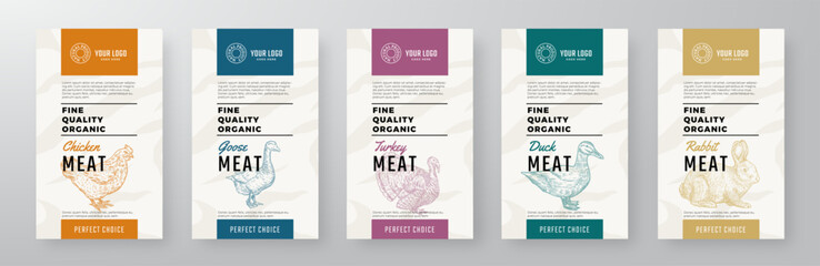 Organic Chicken Meat Vector Package Design Textured Label Templates Set. Farm Bird Poultry and Rabbit Food Product Banners. Hand Drawn Domestic Animals Livestock Backgrounds Layout Collection Isolated