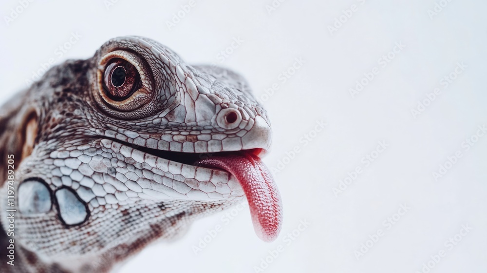 Poster lizard close-up with tongue visible on a light background showcasing detailed skin texture and featu