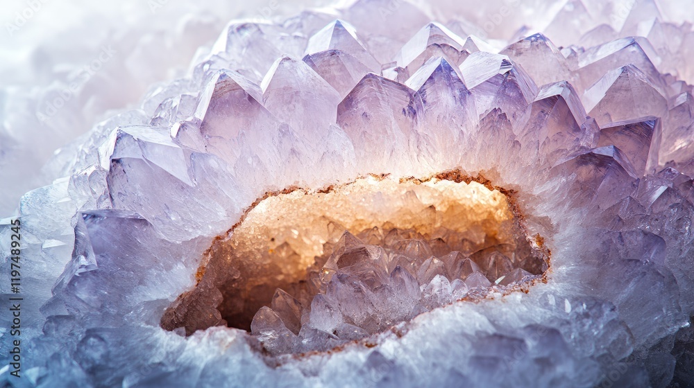 Aufkleber amethyst crystal geode close-up with translucent quartz formations and highlighted interior, featuri