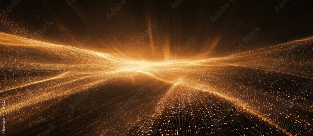 Poster abstract golden wave light trails on dark background with particles and copy space for text or overl