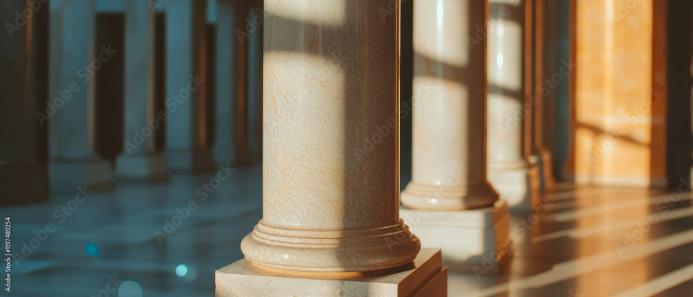 Poster spotlight enhances architectural details and textures of elegant columns in a serene setting
