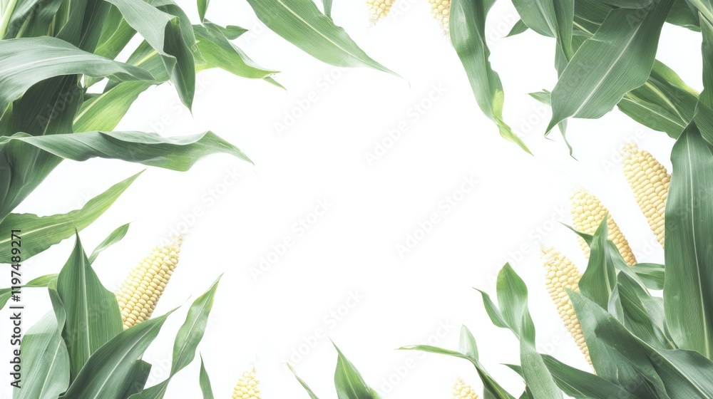 Poster fresh corn leaves and cobs creating a natural frame with copy space for text on a light background, 