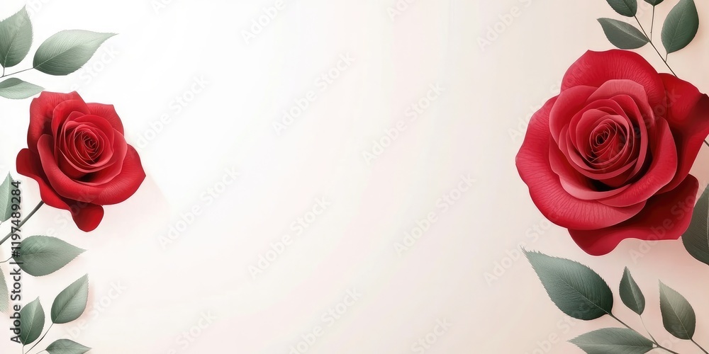Poster red roses with green leaves on a soft background copy space for text placement