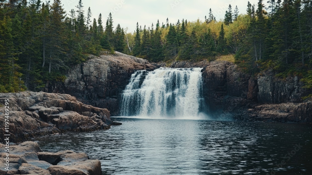 Poster serene waterfall cascading into a tranquil lake surrounded by lush greenery and rugged rocks copy sp