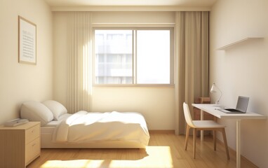 Fototapeta premium A minimalist bedroom featuring a white desk, a beige bed, and a light wood floor, with a small window letting in soft sunlight for a relaxed atmosphere 