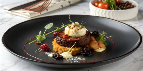 food elegant expensive dish plate dark black gourmet dinner chef