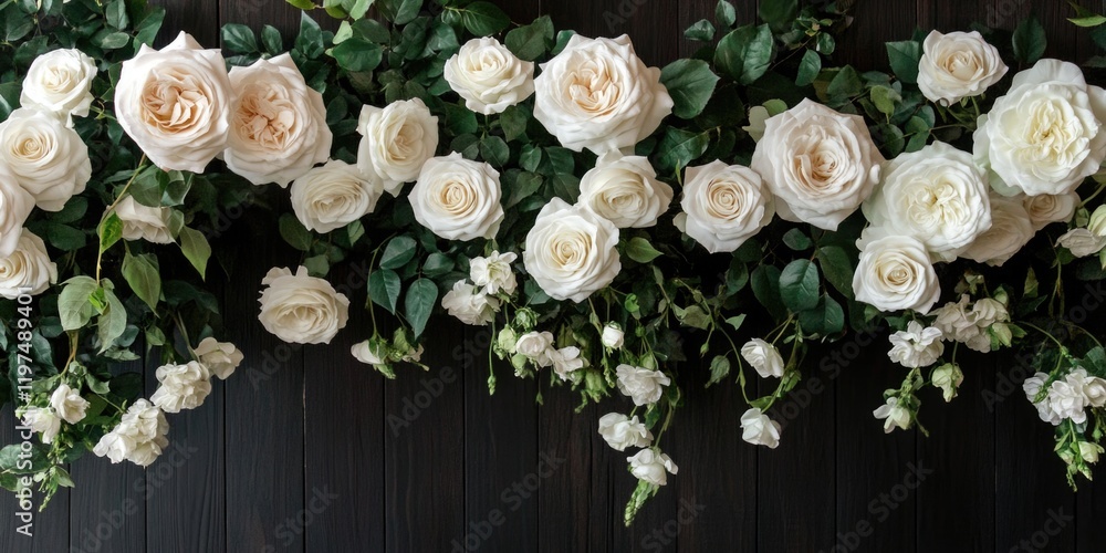 Poster white roses and greenery composition on a dark wooden background with copy space for text and design