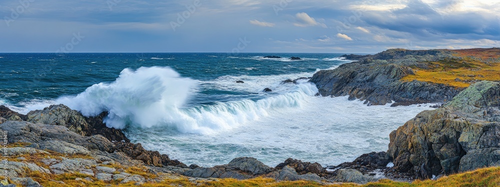 Poster panoramic coastal view with crashing waves on rocky shore under cloudy sky and open space for text i
