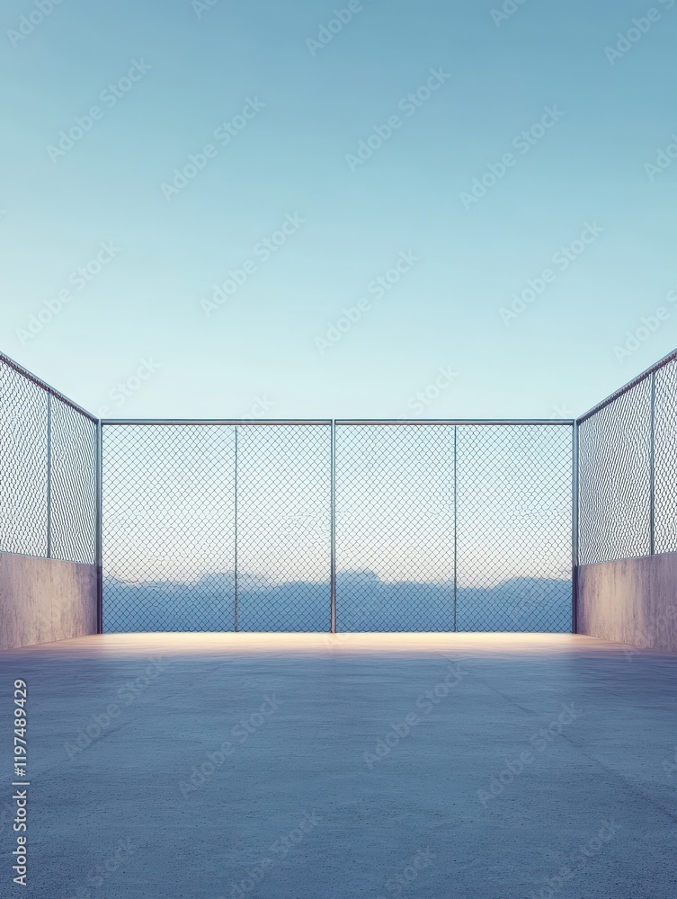 Poster blank open air presentation stage with glowing light between fence and floor and blue sky on backgro