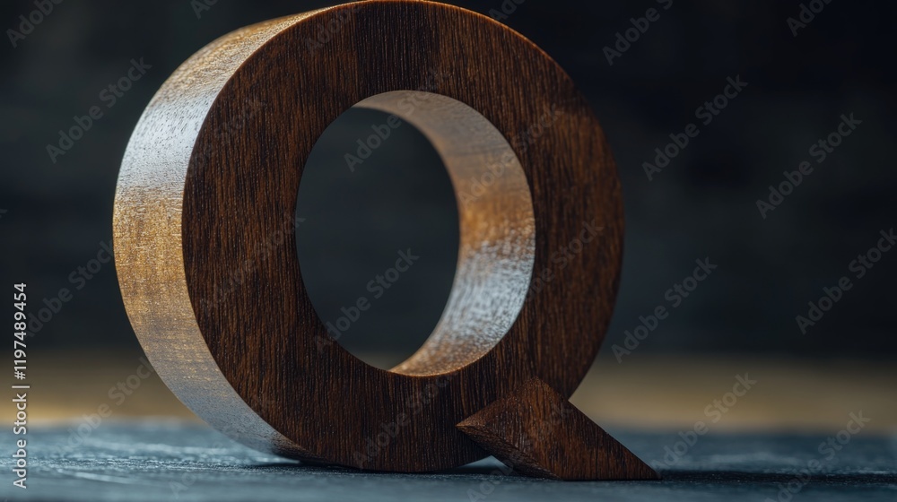 Poster wooden letter q in a rustic setting with a blurred background and ample copy space for text placemen