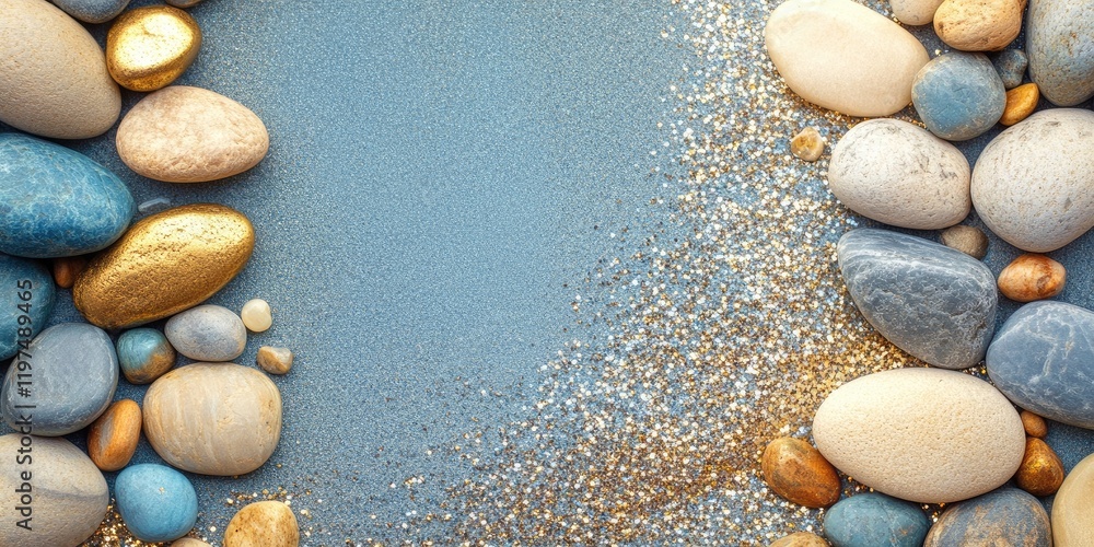 Poster bluish pebbles and golden sand with shiny glitter creating a textured background with copy space for