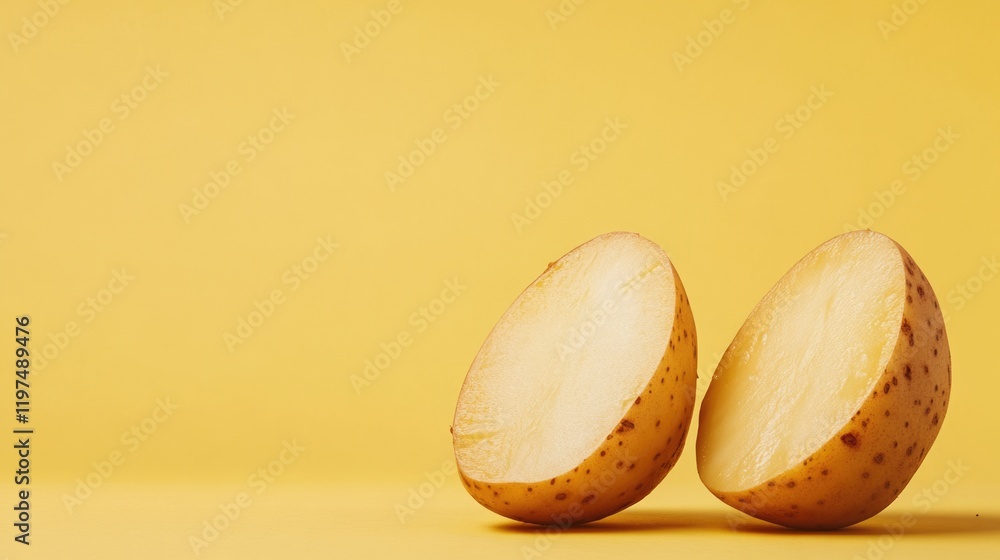 Aufkleber freshly cut potato halves on vibrant yellow background with ample copy space for text addition. idea