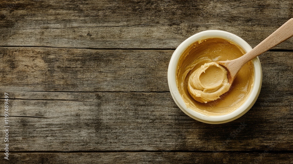 Aufkleber peanut butter in a small bowl with a wooden spoon on a rustic wooden background with ample copy spac