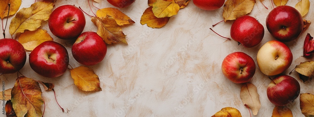 Poster red apples and autumn leaves arranged on a light textured surface with ample copy space for text pla